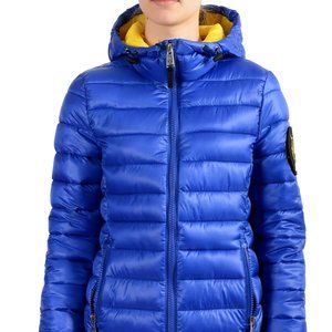Plein Sport Women's Bright Blue Hooded Logo Print Zip Up Parka Jacket S M L